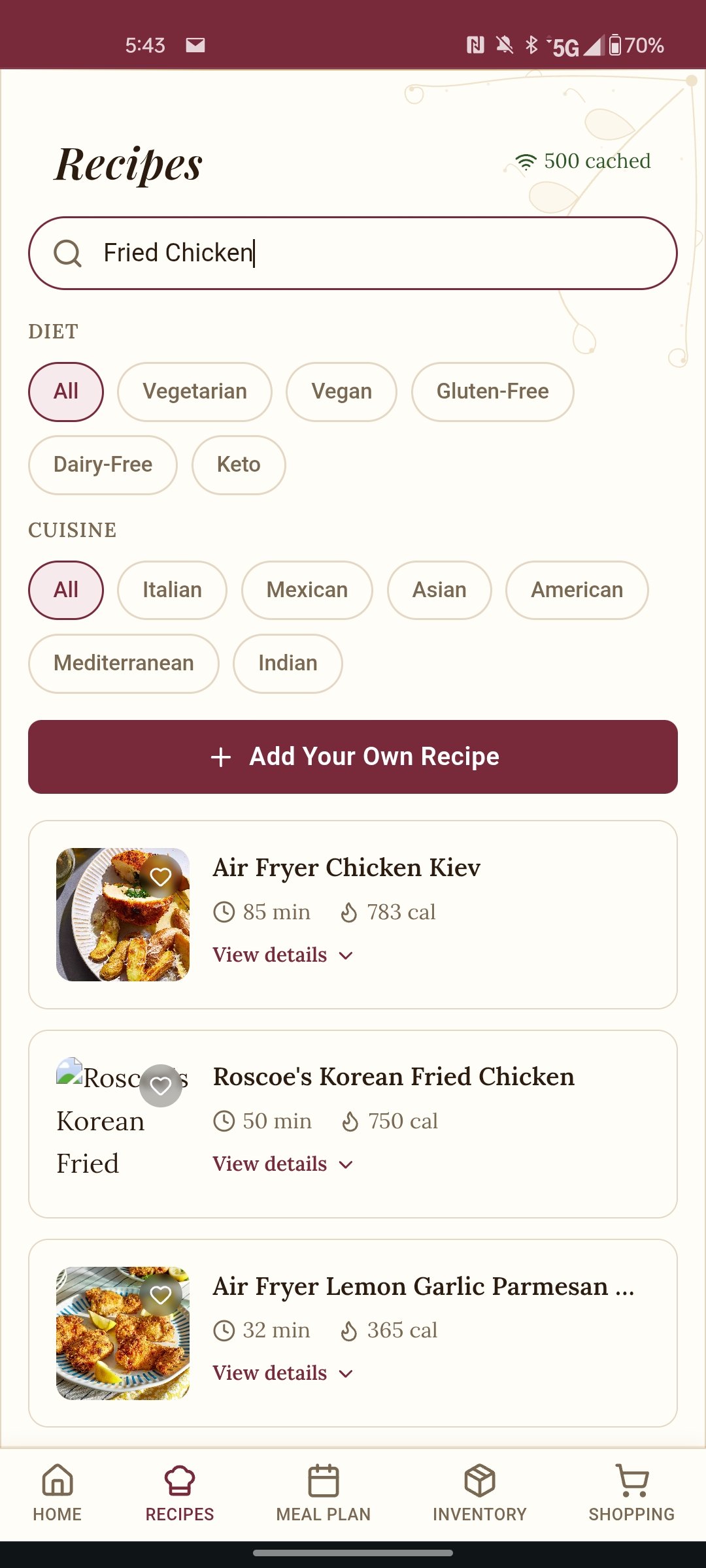 Recipes screen